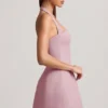 Rochie mini structurată în A, cu gât halter și dungi fine, model Odessa, în nuanța Mauve Rochie mini structurată în A, cu gât halter și dungi fine, model Odessa, în nuanța Mauve