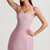 Rochie mini structurată în A, cu gât halter și dungi fine, model Odessa, în nuanța Mauve Rochie mini structurată în A, cu gât halter și dungi fine, model Odessa, în nuanța Mauve