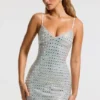 Rochie mini Svana cu decolteu în V și croi în A, cu ornamente, argintie Rochie mini Svana cu decolteu în V și croi în A, cu ornamente, argintie