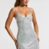 Rochie mini Svana cu decolteu în V și croi în A, cu ornamente, argintie Rochie mini Svana cu decolteu în V și croi în A, cu ornamente, argintie
