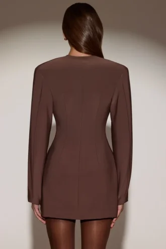 Rochie mini tip blazer cu un singur rând de nasturi Azelie, culoare maro ciocolată