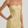 Rochie mini transparentă cu decolteu pătrat și ornamente Averie, în culoarea galben