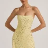 Rochie mini transparentă cu decolteu pătrat și ornamente Averie, în culoarea galben