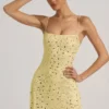 Rochie mini transparentă cu decolteu pătrat și ornamente Averie, în culoarea galben