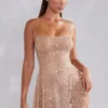 Rochie mini transparentă cu decolteu rotund și ornamente Durrani, culoare Almond Rochie mini transparentă cu decolteu rotund și ornamente Durrani, culoare Almond