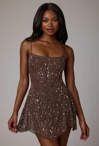Rochie mini transparentă cu decolteu rotund și ornamente Durrani, culoare ciocolată închisă Rochie mini transparentă cu decolteu rotund și ornamente Durrani, culoare ciocolată închisă