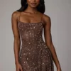 Rochie mini transparentă cu decolteu rotund și ornamente Durrani, culoare ciocolată închisă Rochie mini transparentă cu decolteu rotund și ornamente Durrani, culoare ciocolată închisă