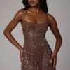 Rochie mini transparentă cu decolteu rotund și ornamente Durrani, culoare ciocolată închisă Rochie mini transparentă cu decolteu rotund și ornamente Durrani, culoare ciocolată închisă