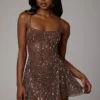 Rochie mini transparentă cu decolteu rotund și ornamente Durrani, culoare ciocolată închisă Rochie mini transparentă cu decolteu rotund și ornamente Durrani, culoare ciocolată închisă