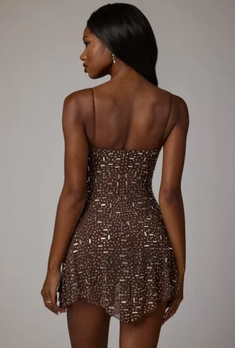 Rochie mini transparentă cu decolteu rotund și ornamente Durrani, culoare ciocolată închisă Rochie mini transparentă cu decolteu rotund și ornamente Durrani, culoare ciocolată închisă
