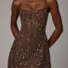 Rochie mini transparentă cu decolteu rotund și ornamente Durrani, culoare ciocolată închisă Rochie mini transparentă cu decolteu rotund și ornamente Durrani, culoare ciocolată închisă