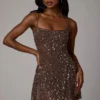 Rochie mini transparentă cu decolteu rotund și ornamente Durrani, culoare ciocolată închisă Rochie mini transparentă cu decolteu rotund și ornamente Durrani, culoare ciocolată închisă