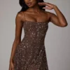Rochie mini transparentă cu decolteu rotund și ornamente Durrani, culoare ciocolată închisă Rochie mini transparentă cu decolteu rotund și ornamente Durrani, culoare ciocolată închisă