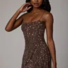 Rochie mini transparentă cu decolteu rotund și ornamente Durrani, culoare ciocolată închisă Rochie mini transparentă cu decolteu rotund și ornamente Durrani, culoare ciocolată închisă