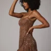 Rochie mini transparentă cu decolteu rotund și ornamente Durrani, culoare Mocha Rochie mini transparentă cu decolteu rotund și ornamente Durrani, culoare Mocha