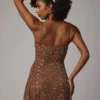 Rochie mini transparentă cu decolteu rotund și ornamente Durrani, culoare Mocha Rochie mini transparentă cu decolteu rotund și ornamente Durrani, culoare Mocha