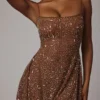 Rochie mini transparentă cu decolteu rotund și ornamente Durrani, culoare Mocha Rochie mini transparentă cu decolteu rotund și ornamente Durrani, culoare Mocha