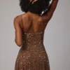 Rochie mini transparentă cu decolteu rotund și ornamente Durrani, culoare Mocha Rochie mini transparentă cu decolteu rotund și ornamente Durrani, culoare Mocha