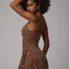 Rochie mini transparentă cu decolteu rotund și ornamente Durrani, culoare Mocha Rochie mini transparentă cu decolteu rotund și ornamente Durrani, culoare Mocha