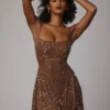 Rochie mini transparentă cu decolteu rotund și ornamente Durrani, culoare Mocha Rochie mini transparentă cu decolteu rotund și ornamente Durrani, culoare Mocha
