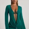 Rochie mini transparentă cu guler cowl și ornamente cu mărgele Vista, în verde jad
