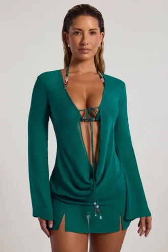 Rochie mini transparentă cu guler cowl și ornamente cu mărgele Vista, în verde jad