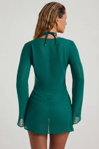 Rochie mini transparentă cu guler cowl și ornamente cu mărgele Vista, în verde jad