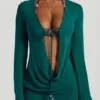 Rochie mini transparentă cu guler cowl și ornamente cu mărgele Vista, în verde jad