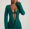 Rochie mini transparentă cu guler cowl și ornamente cu mărgele Vista, în verde jad