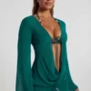 Rochie mini transparentă cu guler cowl și ornamente cu mărgele Vista, în verde jad