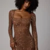 Rochie mini transparentă cu mâneci lungi și decorațiuni, croi în A, Zeta, în culoarea Mocha Rochie mini transparentă cu mâneci lungi și decorațiuni, croi în A, Zeta, în culoarea Mocha