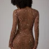 Rochie mini transparentă cu mâneci lungi și decorațiuni, croi în A, Zeta, în culoarea Mocha Rochie mini transparentă cu mâneci lungi și decorațiuni, croi în A, Zeta, în culoarea Mocha