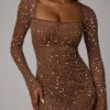 Rochie mini transparentă cu mâneci lungi și decorațiuni, croi în A, Zeta, în culoarea Mocha Rochie mini transparentă cu mâneci lungi și decorațiuni, croi în A, Zeta, în culoarea Mocha