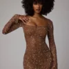 Rochie mini transparentă cu mâneci lungi și decorațiuni, croi în A, Zeta, în culoarea Mocha Rochie mini transparentă cu mâneci lungi și decorațiuni, croi în A, Zeta, în culoarea Mocha