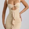 Rochie mini Zivanka din jersey elastic, cu decupaje și volane, în culoarea Buttercream
