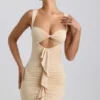 Rochie mini Zivanka din jersey elastic, cu decupaje și volane, în culoarea Buttercream