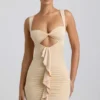 Rochie mini Zivanka din jersey elastic, cu decupaje și volane, în culoarea Buttercream
