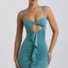 Rochie mini Zivanka din jersey elastic, cu decupaje și volane, în culoarea verde mare Rochie mini Zivanka din jersey elastic, cu decupaje și volane, în culoarea verde mare