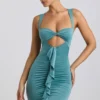 Rochie mini Zivanka din jersey elastic, cu decupaje și volane, în culoarea verde mare Rochie mini Zivanka din jersey elastic, cu decupaje și volane, în culoarea verde mare