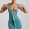 Rochie mini Zivanka din jersey elastic, cu decupaje și volane, în culoarea verde mare Rochie mini Zivanka din jersey elastic, cu decupaje și volane, în culoarea verde mare