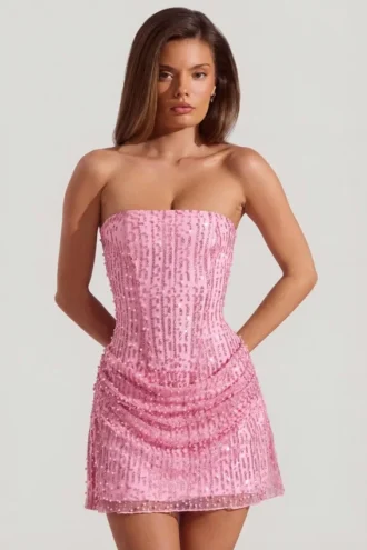 Rochie mini Ziya fără bretele, drapată, cu linie A, în roz Rochie mini Ziya fără bretele, drapată, cu linie A, în roz