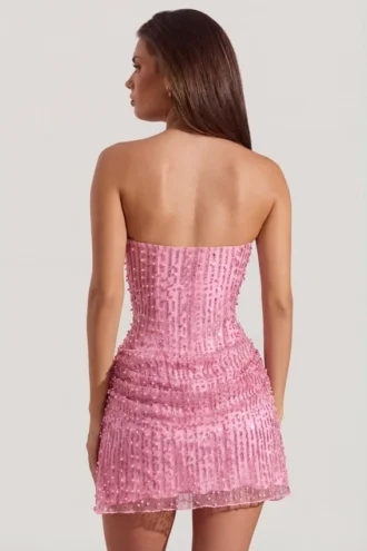 Rochie mini Ziya fără bretele, drapată, cu linie A, în roz Rochie mini Ziya fără bretele, drapată, cu linie A, în roz