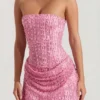 Rochie mini Ziya fără bretele, drapată, cu linie A, în roz Rochie mini Ziya fără bretele, drapată, cu linie A, în roz