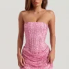 Rochie mini Ziya fără bretele, drapată, cu linie A, în roz Rochie mini Ziya fără bretele, drapată, cu linie A, în roz