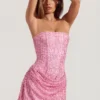 Rochie mini Ziya fără bretele, drapată, cu linie A, în roz Rochie mini Ziya fără bretele, drapată, cu linie A, în roz