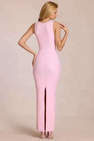 Rochie Nayeli Maxi cu guler pătrat și drapaj, în roz floare Rochie Nayeli Maxi cu guler pătrat și drapaj, în roz floare