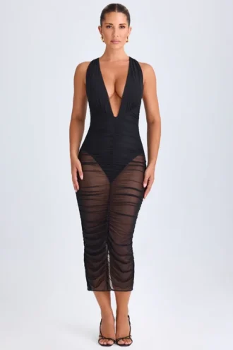Rochie Safira Ruched Plunge Midaxi în negru Rochie Safira Ruched Plunge Midaxi în negru