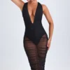 Rochie Safira Ruched Plunge Midaxi în negru Rochie Safira Ruched Plunge Midaxi în negru