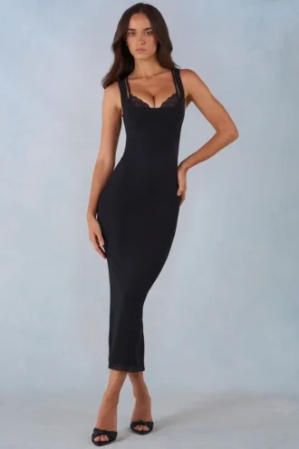 Rochie Sorelle din modal cu bordură din dantelă, lungime midi, negru Rochie Sorelle din modal cu bordură din dantelă, lungime midi, negru