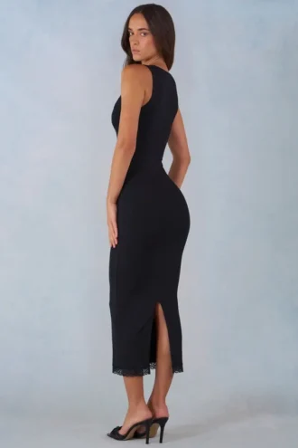 Rochie Sorelle din modal cu bordură din dantelă, lungime midi, negru Rochie Sorelle din modal cu bordură din dantelă, lungime midi, negru